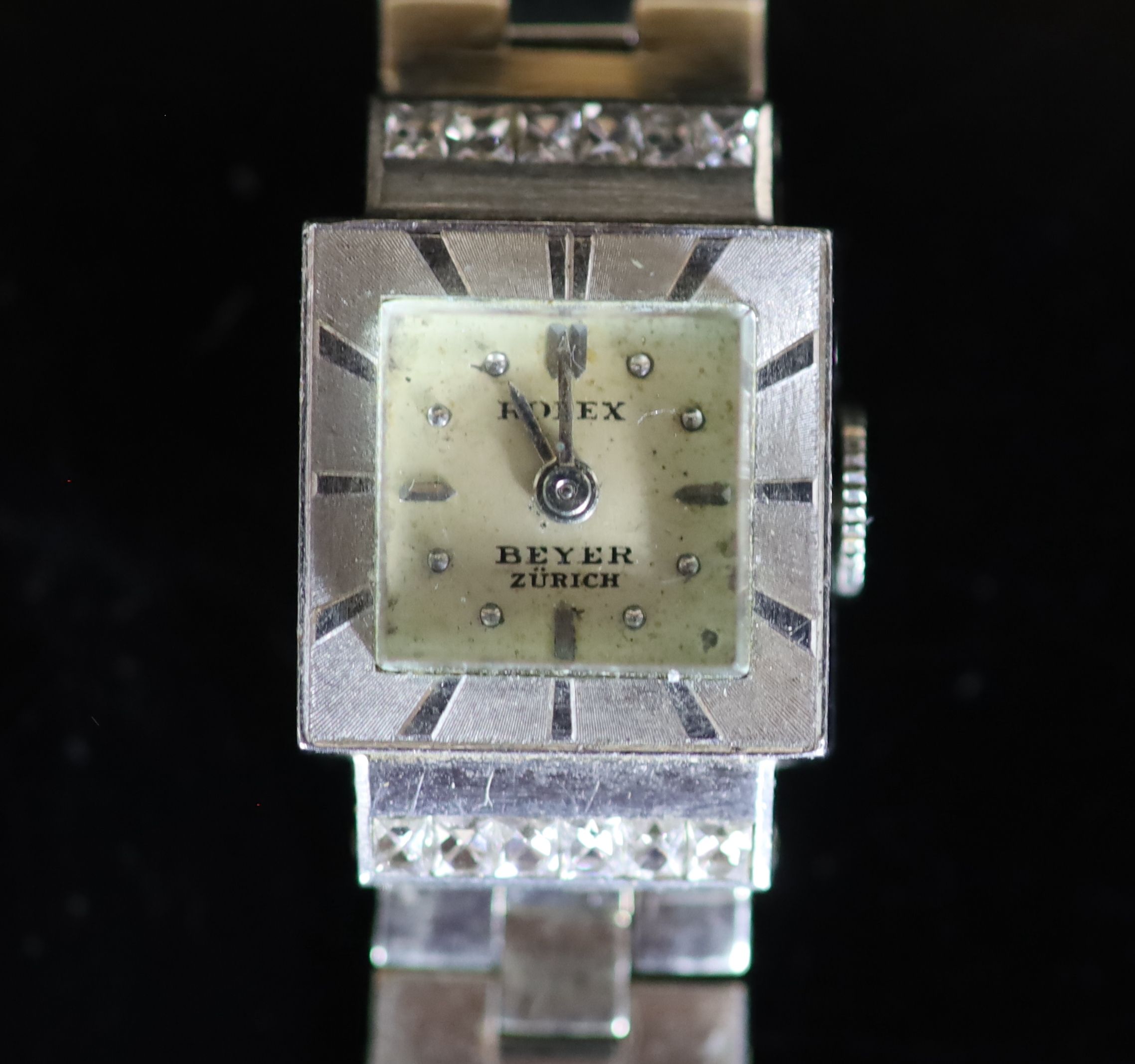 A lady's mid to late 20th century platinum and diamond set Rolex manual wind wrist watch on an 18ct white bracelet